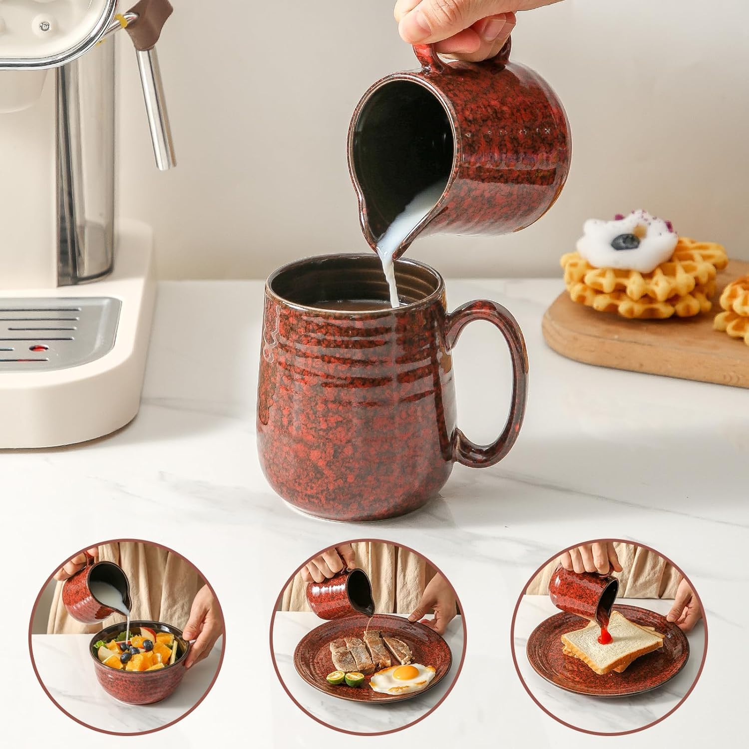 Hasense Ceramic Coffee Mug 12oz - 6PCS and Porcelain Sugar and Creamer Set,11 Ounce Sugar Bowl with Lid and Spoon,10 Ounce Cream Pitcher, Red