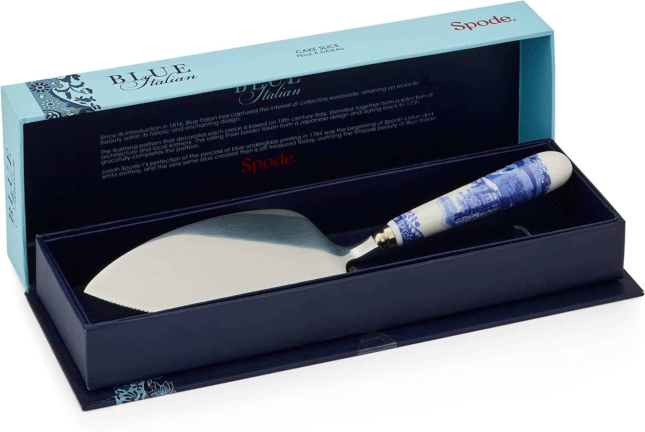 Spode Blue Italian Cake Server - 10 Inch Porcelain Dessert Knife for Slicing Cakes, Pies, Pastries