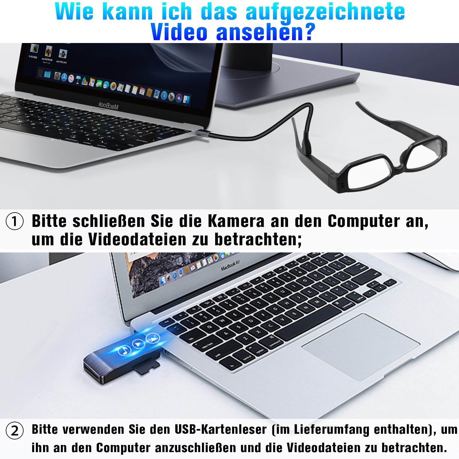 Brillenkamera, Sport-Actionkamera HD-1080P-Brillenvideokamera, Mini-Brillen Kamera, Kleine Videokamera mit Loop-Aufnahmefunktion