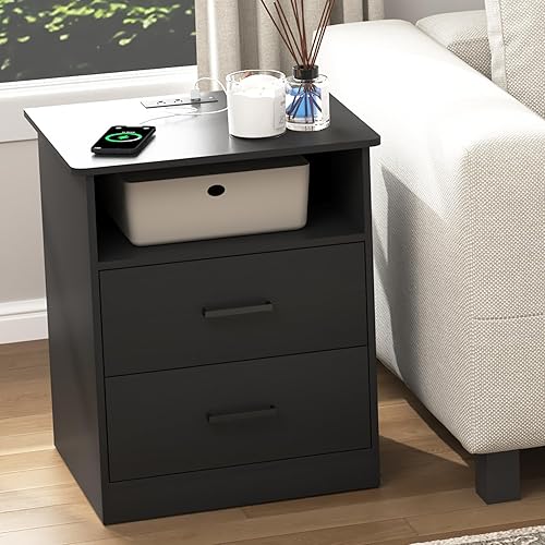 Miniatura 4 de Juego de 2 mesitas de noche con estación de carga, moderna mesita de noche con puertos USB tipo C y salidas de CA, mesita de noche grande con 2