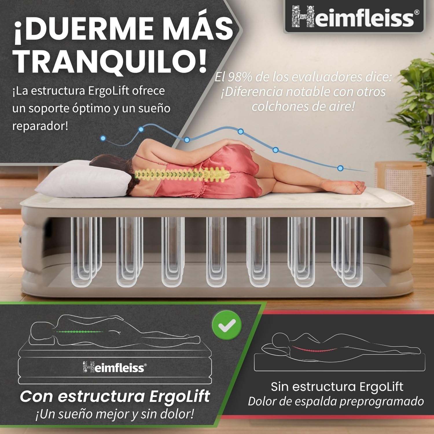 Heimfleiss® Premium Colchón Hinchable Individual Para Invitados | Autohinchable Eléctrico con Bomba Integrada | PVC Resistente Antipinchazos Velour 100x200 x 45 cm | Cama Inflable para Camping | Beige