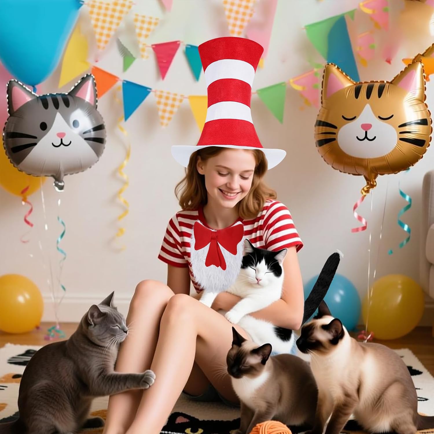5 Pcs Cat Hat in Costume Accessories, Red White Striped Hat, Bow Tie, Gloves, Furry Scarf Fun Cat Character Outfit for Read Book Day Cosplay Supplies - Image 8