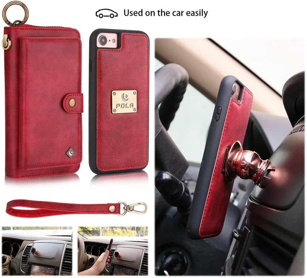 Petocase Compatible iPhone SE 2020/8/7 Wallet Case, Multi-Function Zipper Purse with Detachable Magnetic Back Cover Wristlets 13 Card Slots & 4 Cash Pocket for Apple iPhone 8/7/6s/6 Red