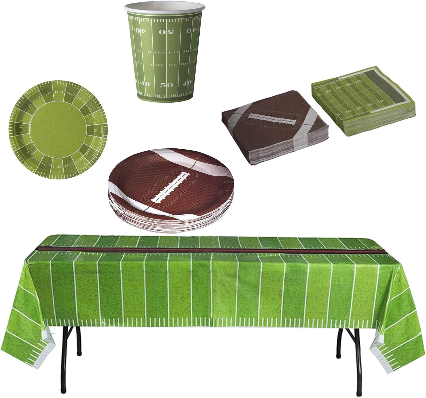 Hammont Football Themed Party Decorations - Pack of 7 & 9" Round Paper Plates, 9oz Cups, 24 Napkins, Tablecloth - Disposable Super Bowl Supplies -