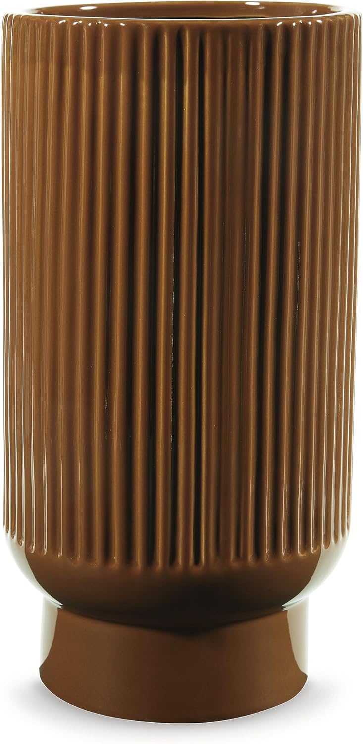 Signature Design by Ashley Avalyah Casual Indoor/Outdoor 15" Glazed Ceramic Tabletop Vase with Wide Mouth, Dark Brown