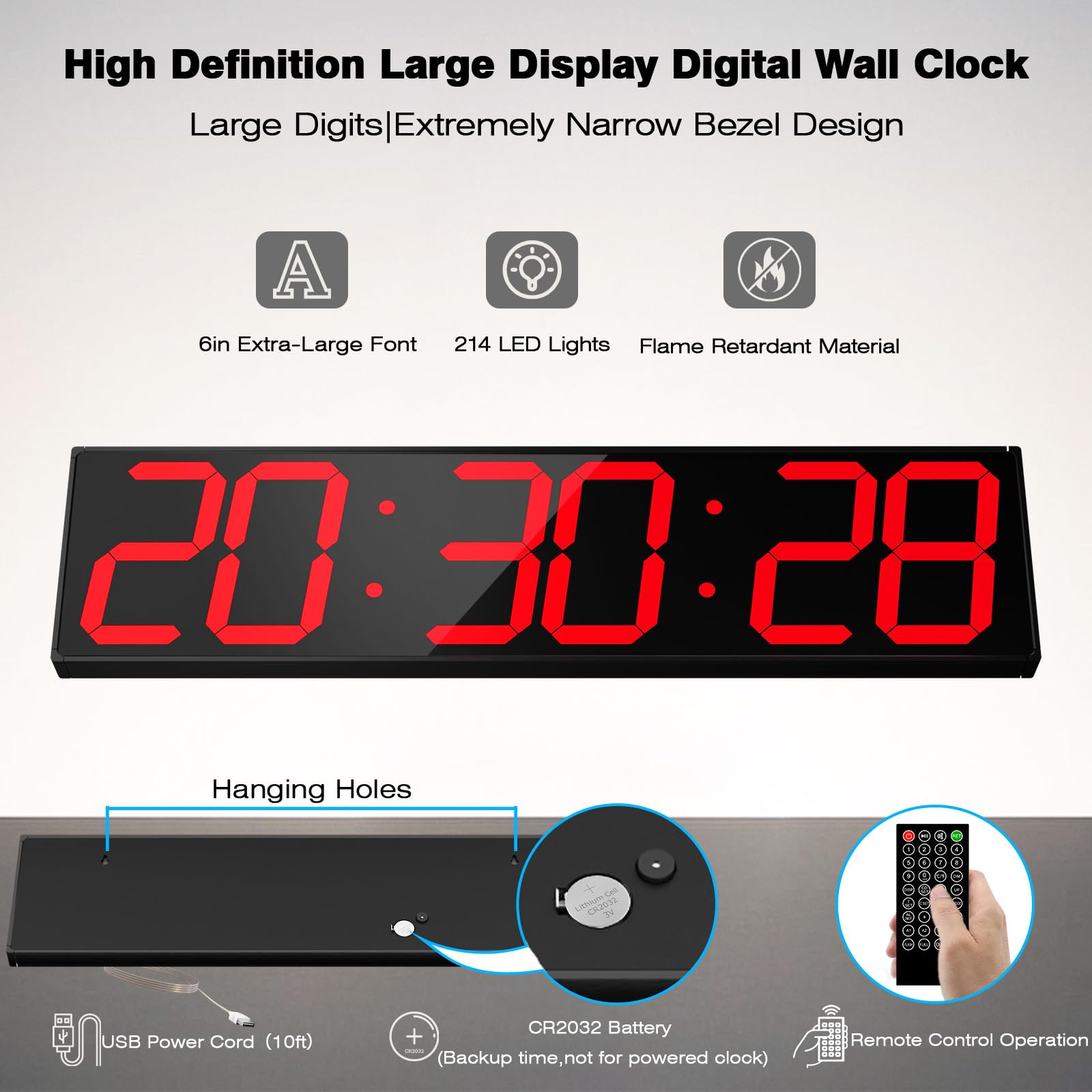 CHKOSDA Horloge murale numérique avec grand écran, 71,1 cm, LED à 6 chiffres avec luminosité réglable, horloge multifonction avec compte à rebours, chronomètre et intervalle d'entraînement (rouge)