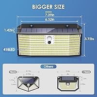 Vista 2 de Luces solares al aire libre mejoradas, 2 paquetes de 418 luces LED con sensor de movimiento, 3 modos de luz de seguridad, luz de pared solar