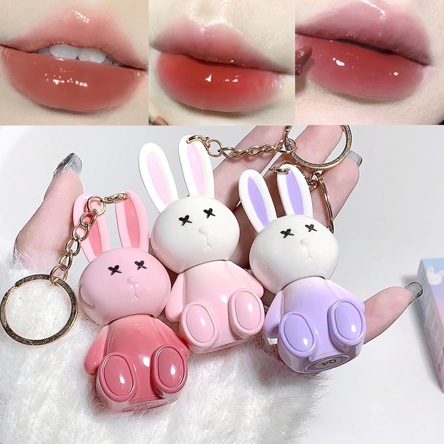 3Psc Rabbit Lip Gloss Keyring,Moisturising Sparkling Jelly Lip Gloss