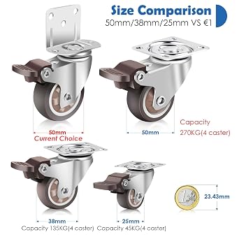W B D WEIBIDA Side Mount Casters 2 Inch L-Shaped Heavy Duty Castor Wheels with Load Capacity 600 LBS, 360 Degree Plate Swivel Trolley Caster for Furniture, Set of 4 Rubber Casters with 4 Brakes