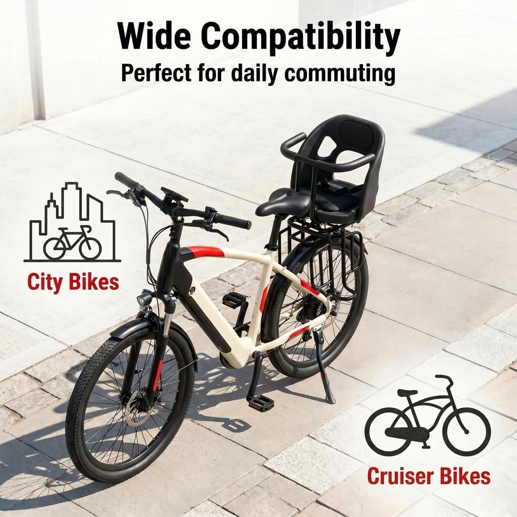 Kids Bike Seat with Reflective Tape for Baby 18 Months to 8 Years Old | Rear Toddler Bike Seat With Surround Rail & Ergonomic Backrest for All-Day Family Fun,Weight 55 lbs Fits Most Bikes