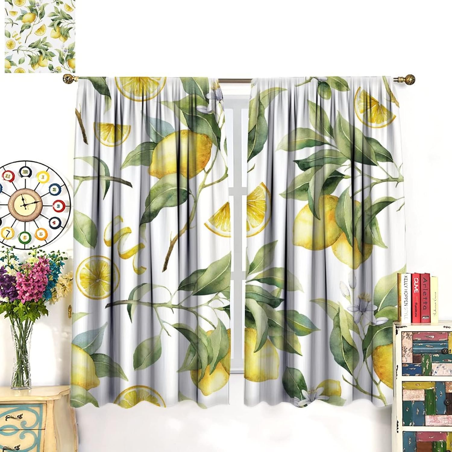 Lemon Twig Curtains, Exotic Yellow Lemon Twig Hand Painted Citrus Theme Blackout Window Curtains, Living Room Bedroom Dining Room 2 Sets of Panels, 52x84 in.