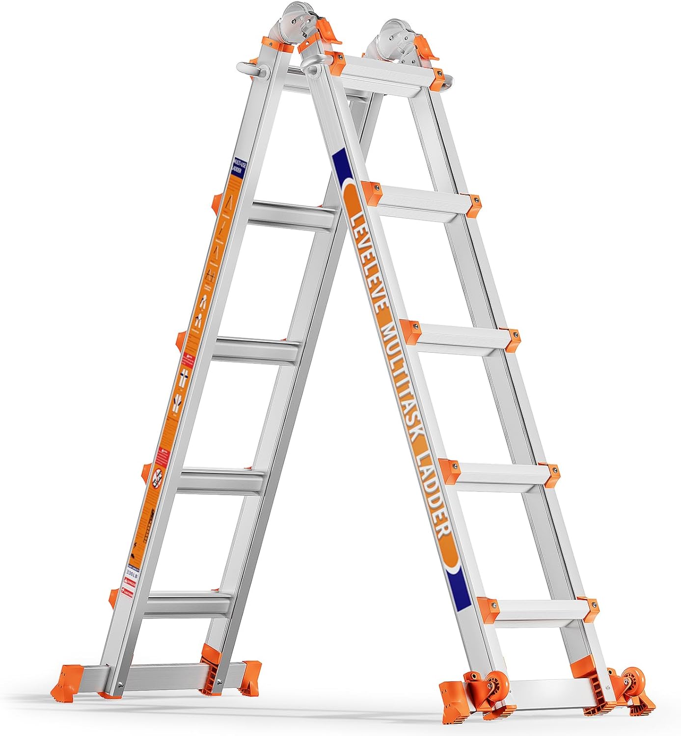 LEVELEVE 17FT A-Frame 5-Step Multi-Position Ladder with Stabilizer Bar, Wheels & 330lbs Load - Extendable for Stairs, Home, Roof