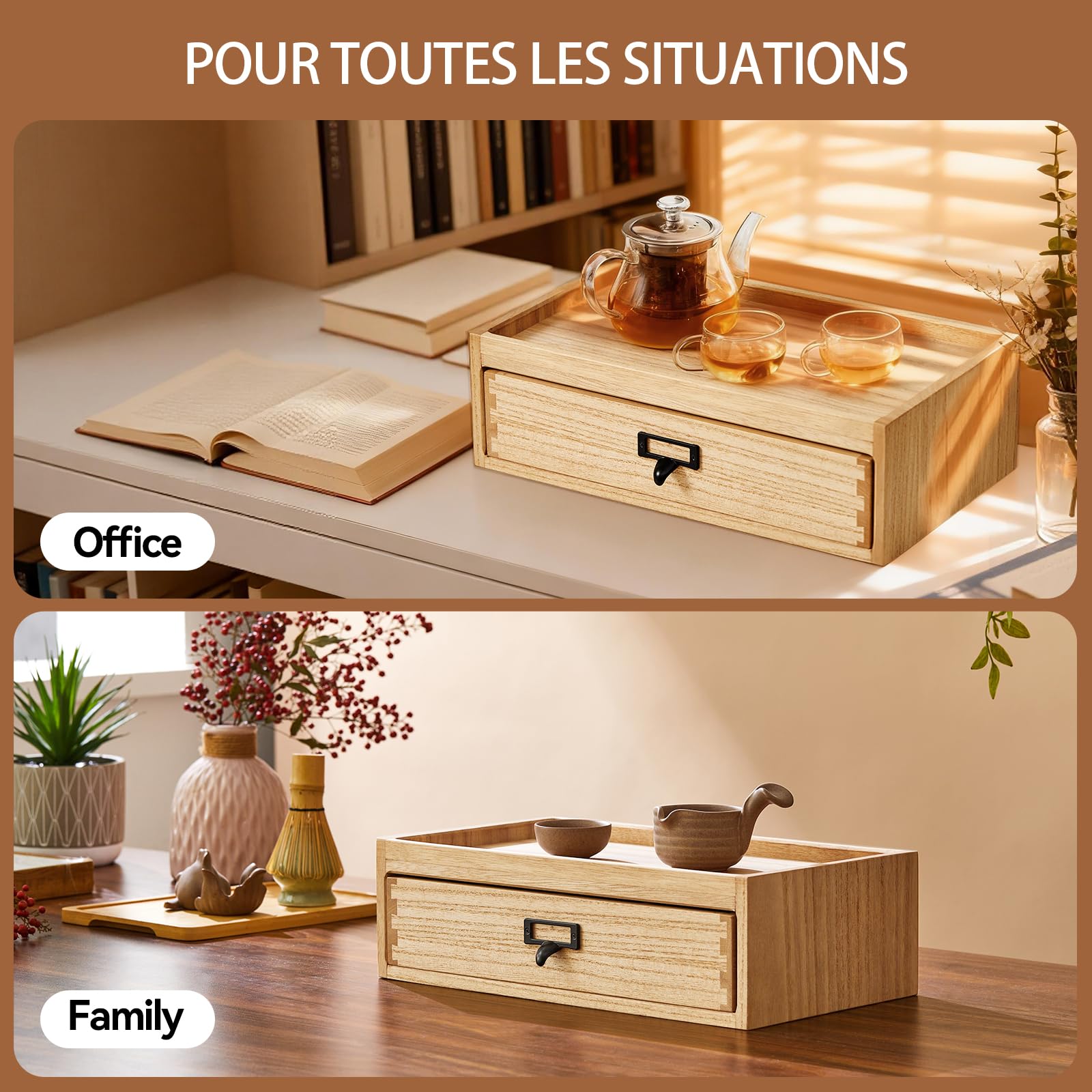 KIRIGEN Boîte à thé en bois massif avec tiroir - 8 compartiments - Boîte de rangement pour sachets de thé avec poignée en métal - Pour cuisine et bureau - Naturel