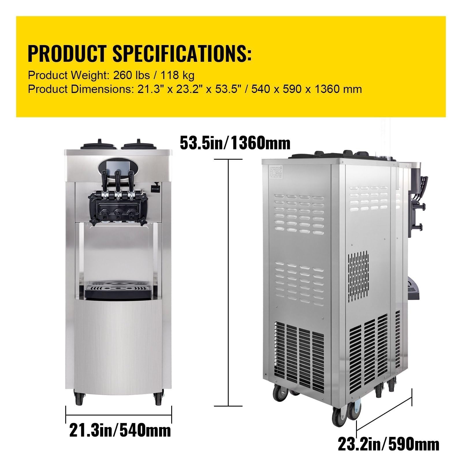 Machine à Crème Glacée professionnelle 2200W Machine à crème glacée italienne 20-28L/h 3 Saveurs Pré-refroidissement et Autonettoyage Panneau LED pour Yaourt Café Snack-Bar Glacier Restaurant