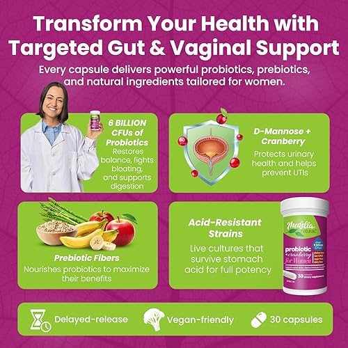 Miniatura 2 de Probióticos para mujeres con prebióticos y arándanos - Probióticos para la salud vaginigal, 6 mil millones de UFC, 4 cepas (incluyendo