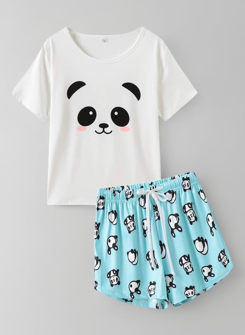 MyFav Women Pyjama Set Cute Panda Pattern Short Sleeve Striped Shorts Sleepwear