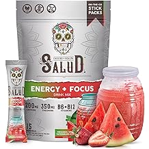 Salud 2-in-1 Energy Drink Powder + Focus, Strawberry Watermelon, Organic Caffeine, B6 + B12, Theanine, Clean Energy Drink Packets, Fresandia Agua Fresca Mix, Non-GMO, Gluten Free, Vegan, 1g of Sugar, (15 Servings)