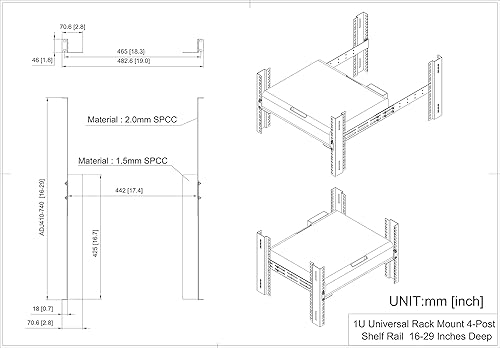 Miniatura 5 de Rieles universales de montaje en rack de 1U - Riel de estante de servidor de 4 postes de 16 a 29 pulgadas de profundidad ajustable para APC HP IBM