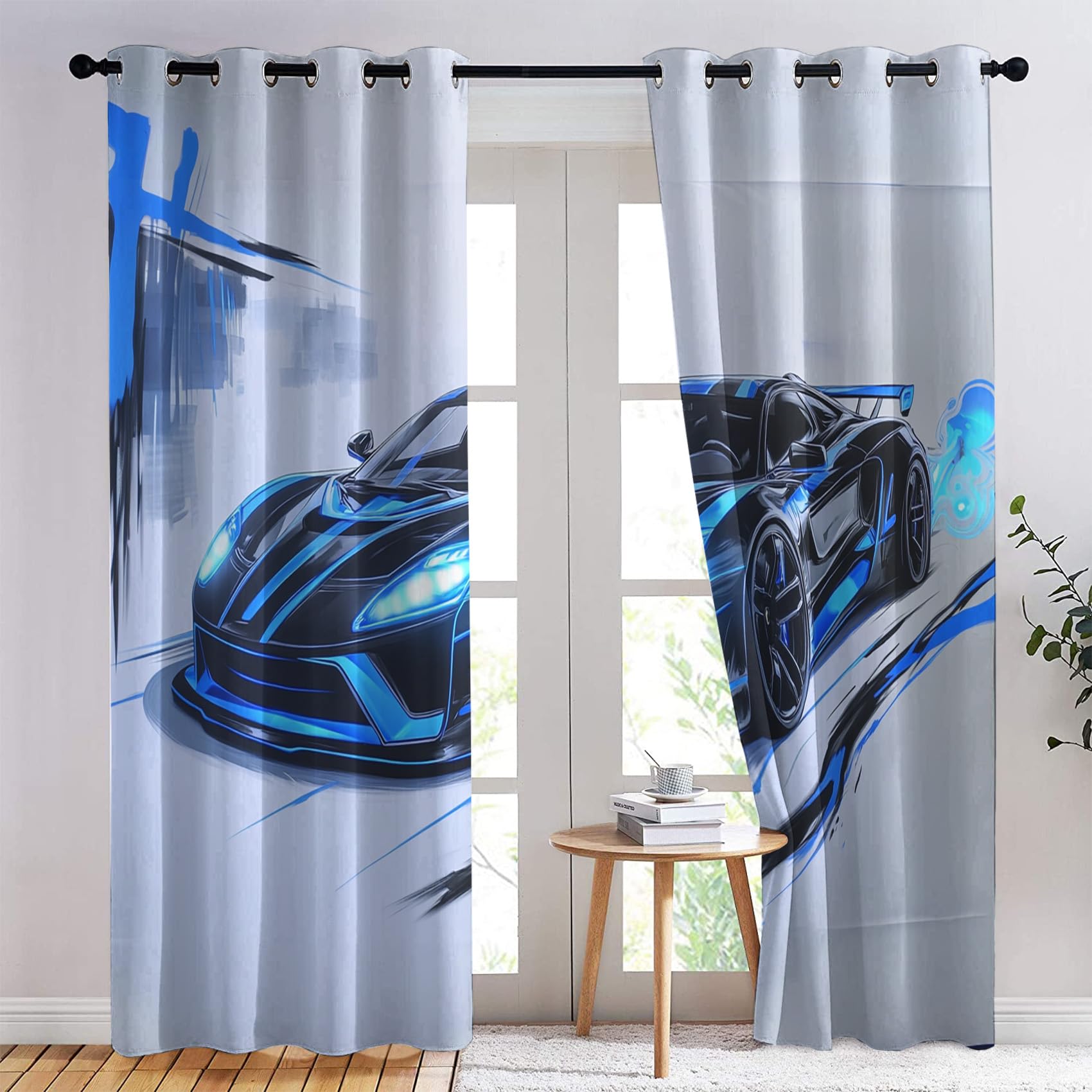Rideau Occultant Voiture de Course - Décoration Voiture de Sport, Rideau Thermique Motif Garçon Sport Extrême, Lot de 2 Rideaux Opaque à Oeillets pour Fenetre Chambre Salon, 140x160 cm (LxH)
