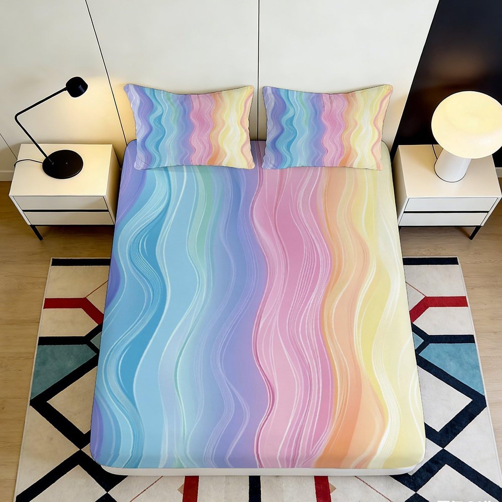 3D Printed Pastel Rainbow Waves Fitted Sheet Microfiber Soft Breathable Abstract Stripe Mattress Cover for Bedroom Guestroom 90x200x25cm