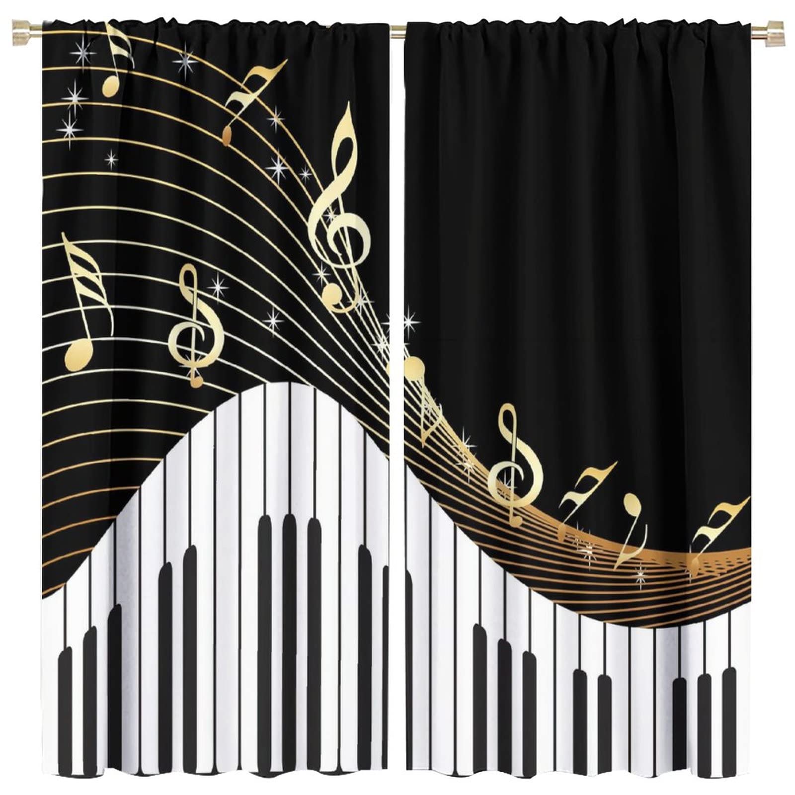 Music Note Blackout Curtains,Black White Piano Key Golden Musical Notes Room Darkening Door Window Rod Pocket Curtain for Living Room Bedroom W63xL63in