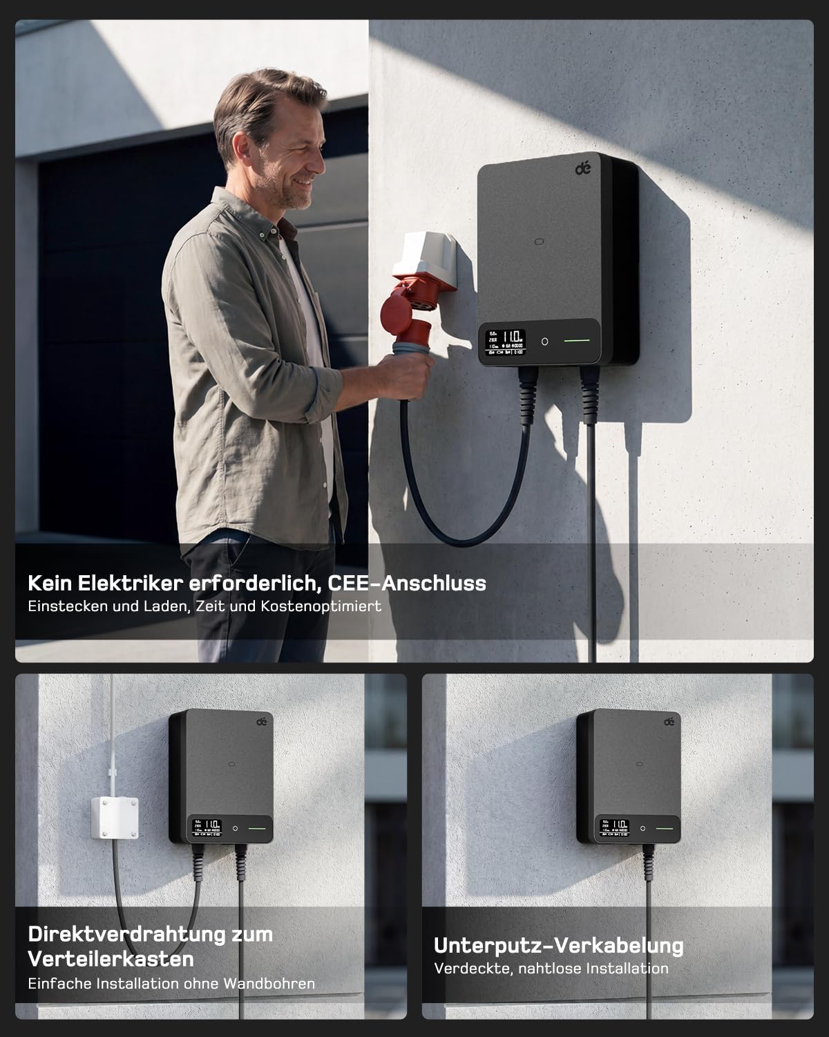 dé Wallbox 11kW mit APP, 7,5m Typ 2 Ladekabel mit Kabelhalter, 3-Phasen EV-Ladegerät (6-16A, 400V), für BEV/PHEV, RCD Type A 30mA AC + 6mA DC & IP54-Schutz, effiziente Ladestation für Zuhause, Schwarz