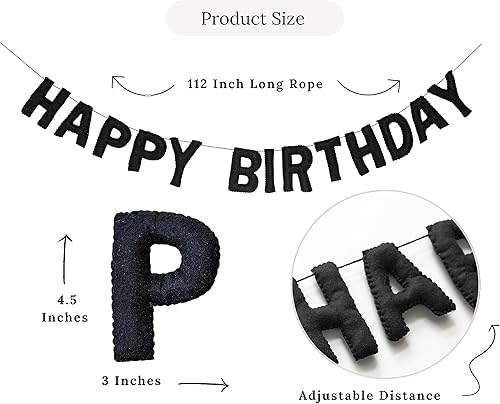 Miniatura 3 de Cartel de tela de fieltro de feliz cumpleaños Guirnalda negra Decoración reutilizable Elegante suministro para fiestas festivas (negro)