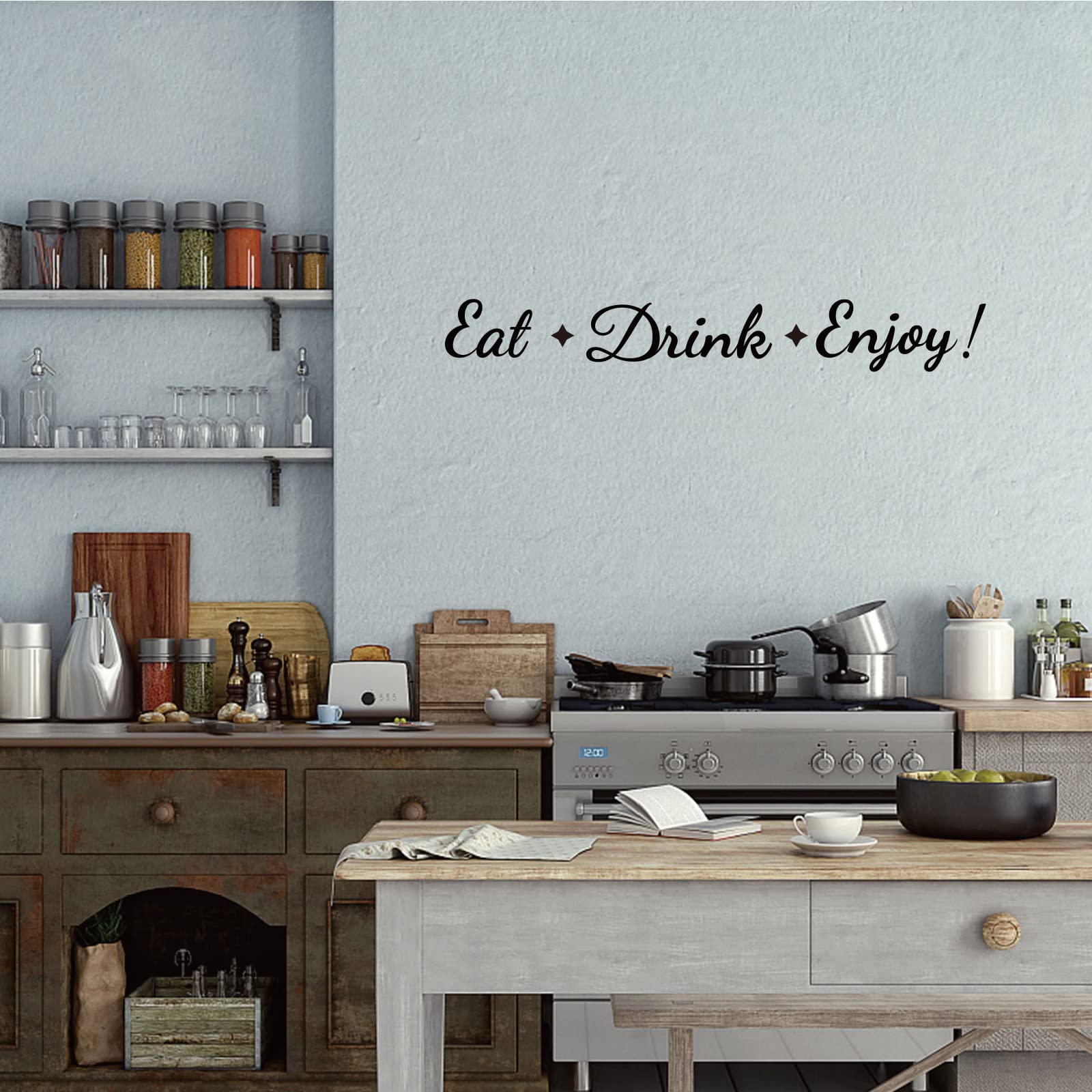 Autocollant Mural Vinyle 'EAT DRINK & Give THANKS' - Déco Cuisine Ou Salle à Manger - Motifs Lettres