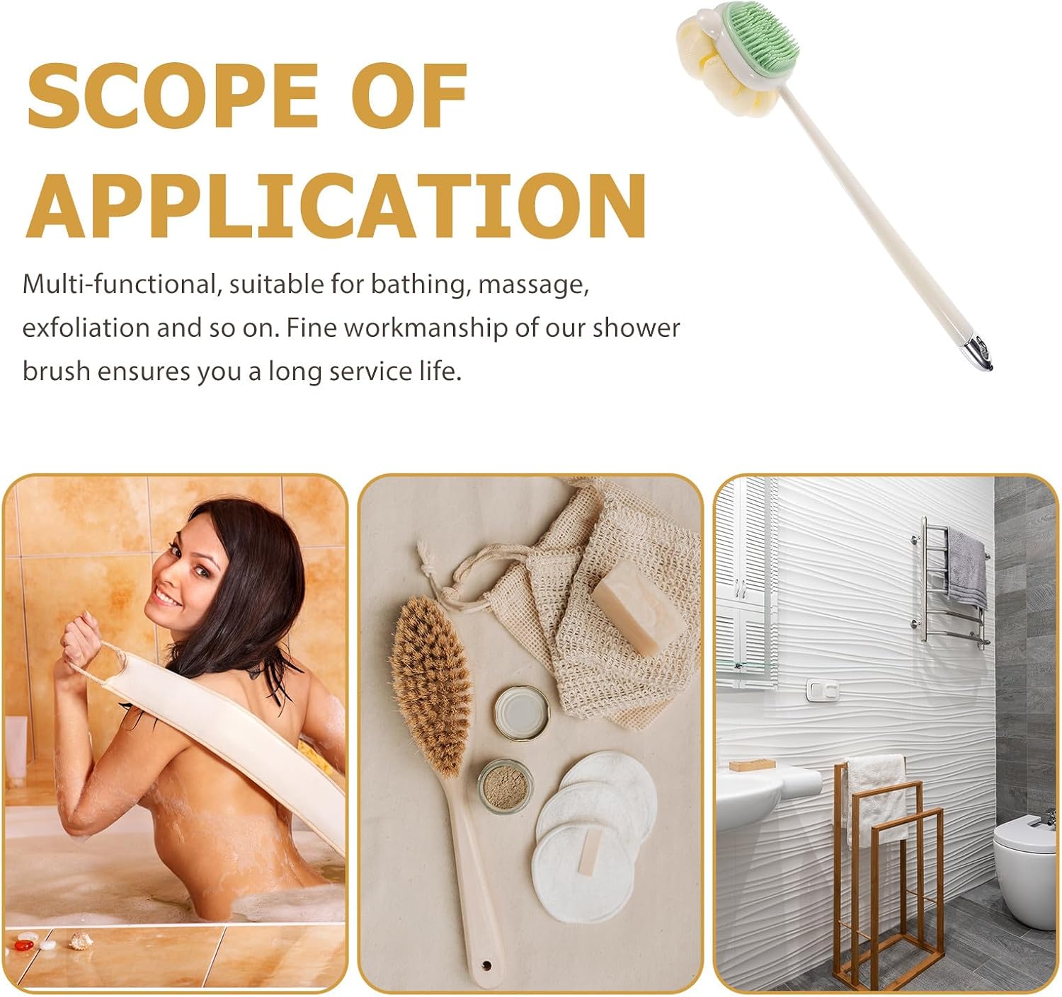 FUOYLOO Long Handle Bath Brush and Back Scrubber for Shower, Soft Bristle Exfoliating Body Scrubber, Detachable Dual-Sided Bathing Brush for Deep Skin Cleansing