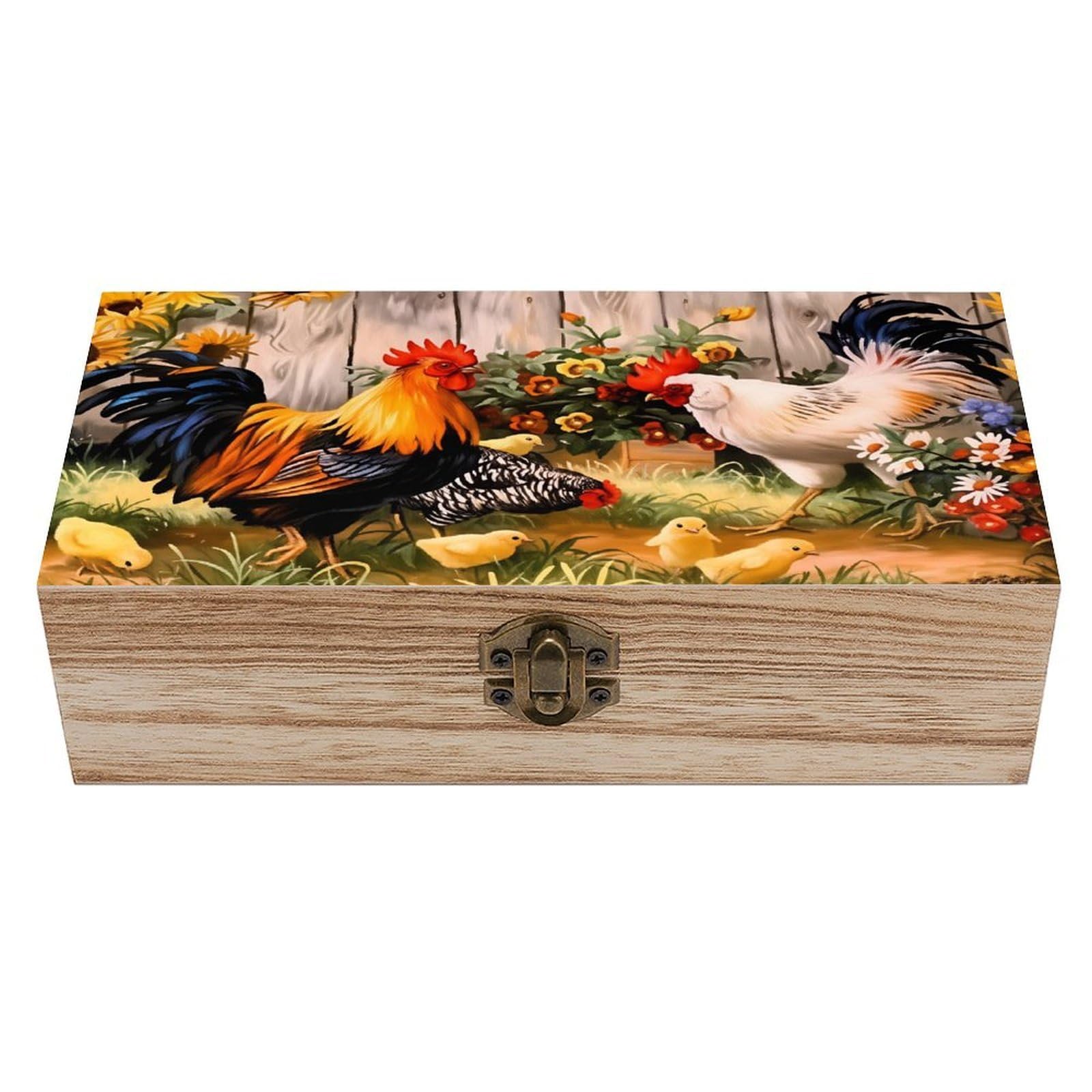 HLBSDM Rooster Chick Country Vintage Wooden Keepsake Box with Hinged Lid And Locking Clasp, Decorative Storage Box for Jewelry, Trinkets And Small Accessories, Organizer for Home Or Wedding