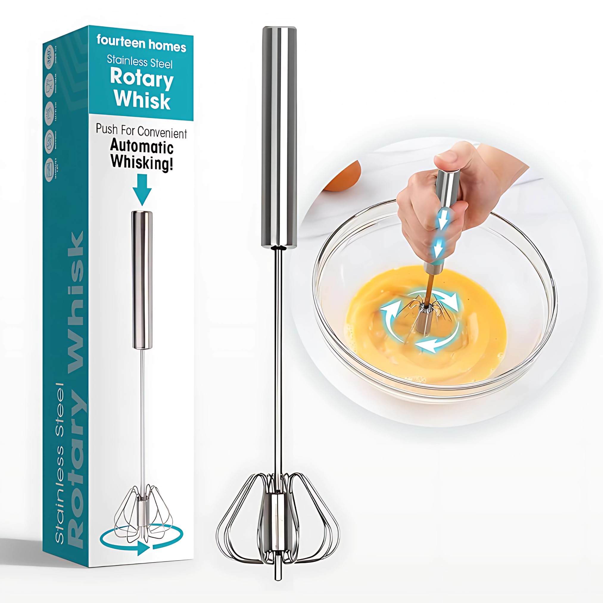 Fourteen Homes Stainless Steel Egg Whisk - Hand Push Rotary Blender Versatile Milk Frother 12in - Ideal for