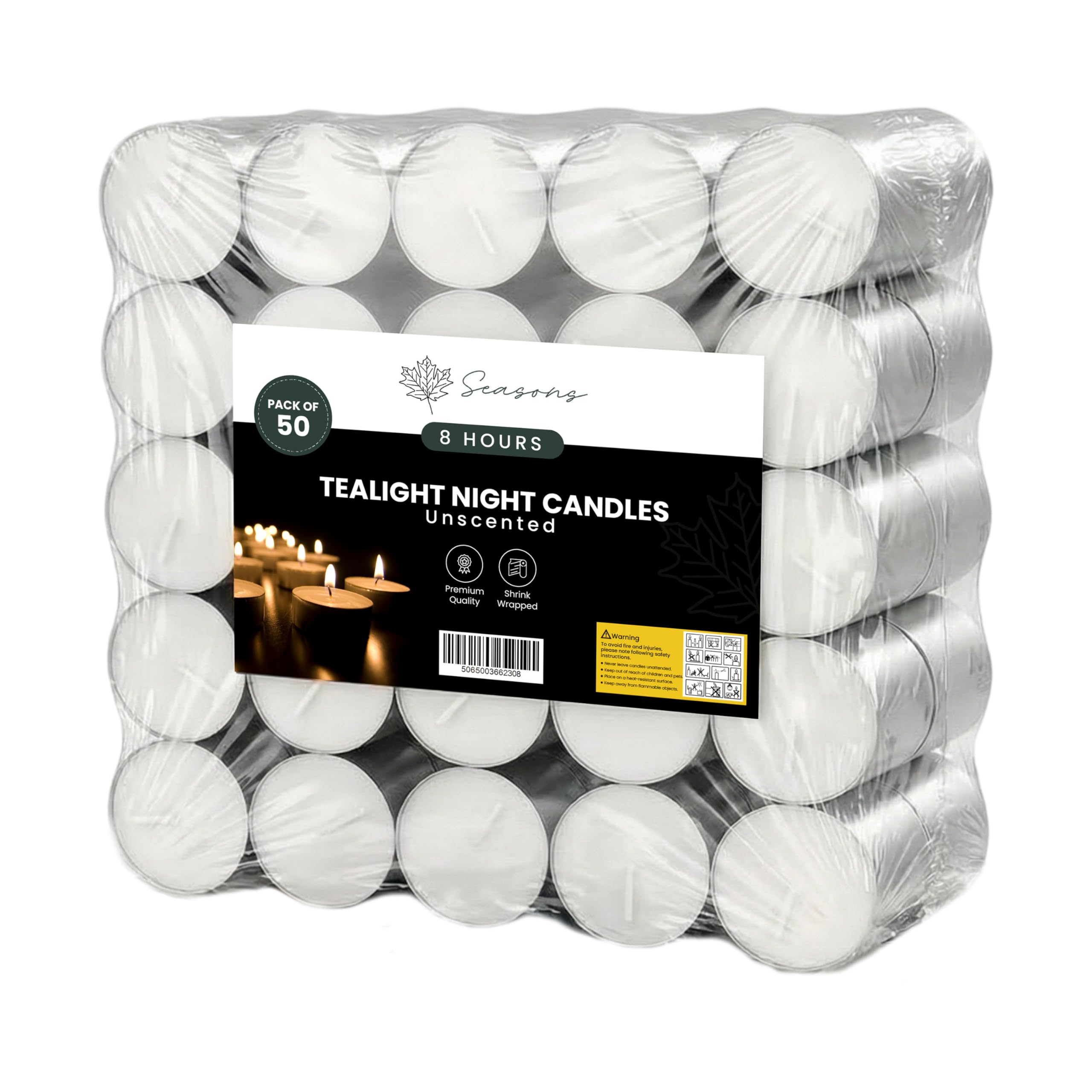 Seasons White 8 Hours Tealight Candles, 50 Pack Long Burning Candlelight | Unscented Tealights For Home, Weddings & Events | Clean Burn 8Hr Tealights