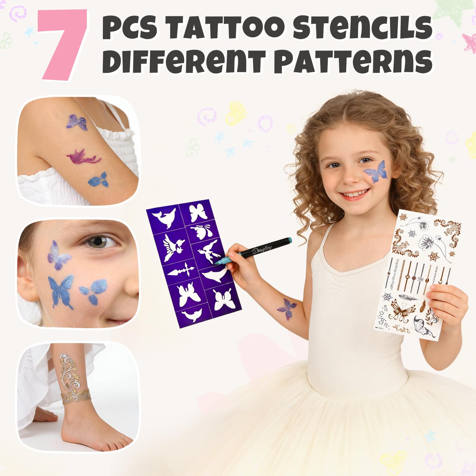 Tatuaggi Temporanei Penna Truccabimbi con 15 Tattoo Pen, 5 Fogli per Stencil per Tatuaggi e 2 Adesivi per Tatuaggi per Regalo Bambina Bambino 7 8 9 10 11 12 Anni Tatuaggi Per Bambini e Adulti