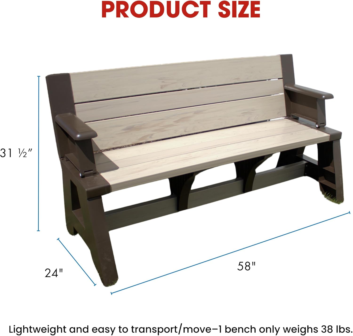 Convert-a-Bench Gen 1 2-in-1 Outdoor Convertible Bench to Picnic Table | Space-Saving, Weather-Resistant Patio Furniture for Yard Deck Garden | Easy Assembly & Durable - 1 bench/Order, Mocha Driftwood
