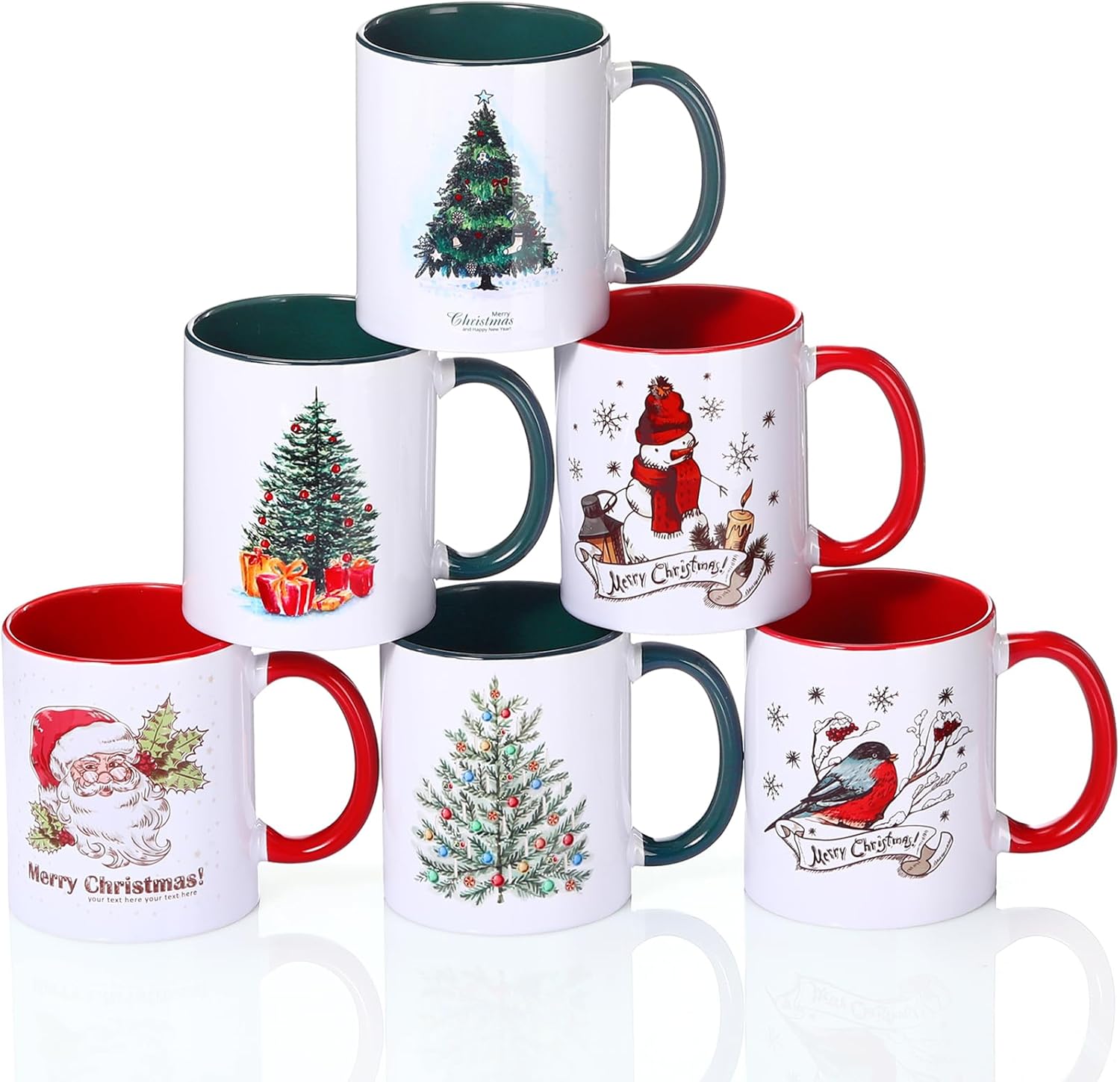 Zubebe Christmas Coffee Mugs Set of 6, 11oz Ceramic Coffee Cups Santa Cocoa Milk Tea Holiday Mugs Christmas New Year Party Decor Gift for Women Family Friends Colleagues