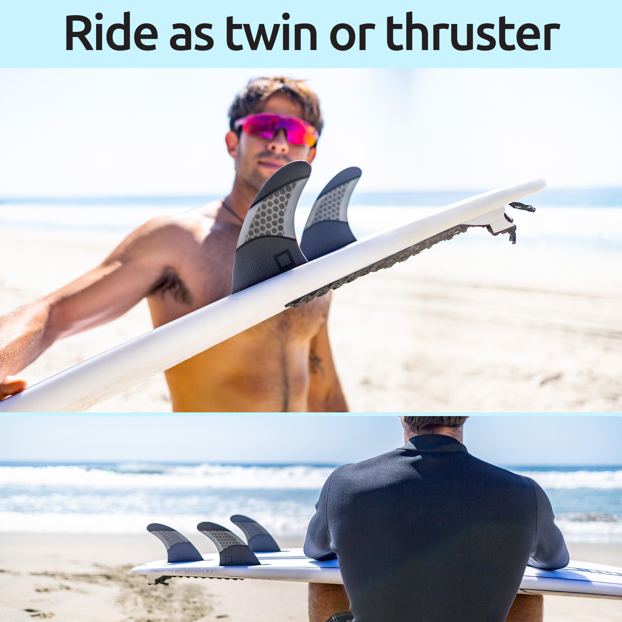 Juego de aletas de empuje mediano (3 aletas), panal con aletas de fibra de carbono para tabla de surf, compatible con tablas de surf Futures de una sola pestaña, monta como Twin o