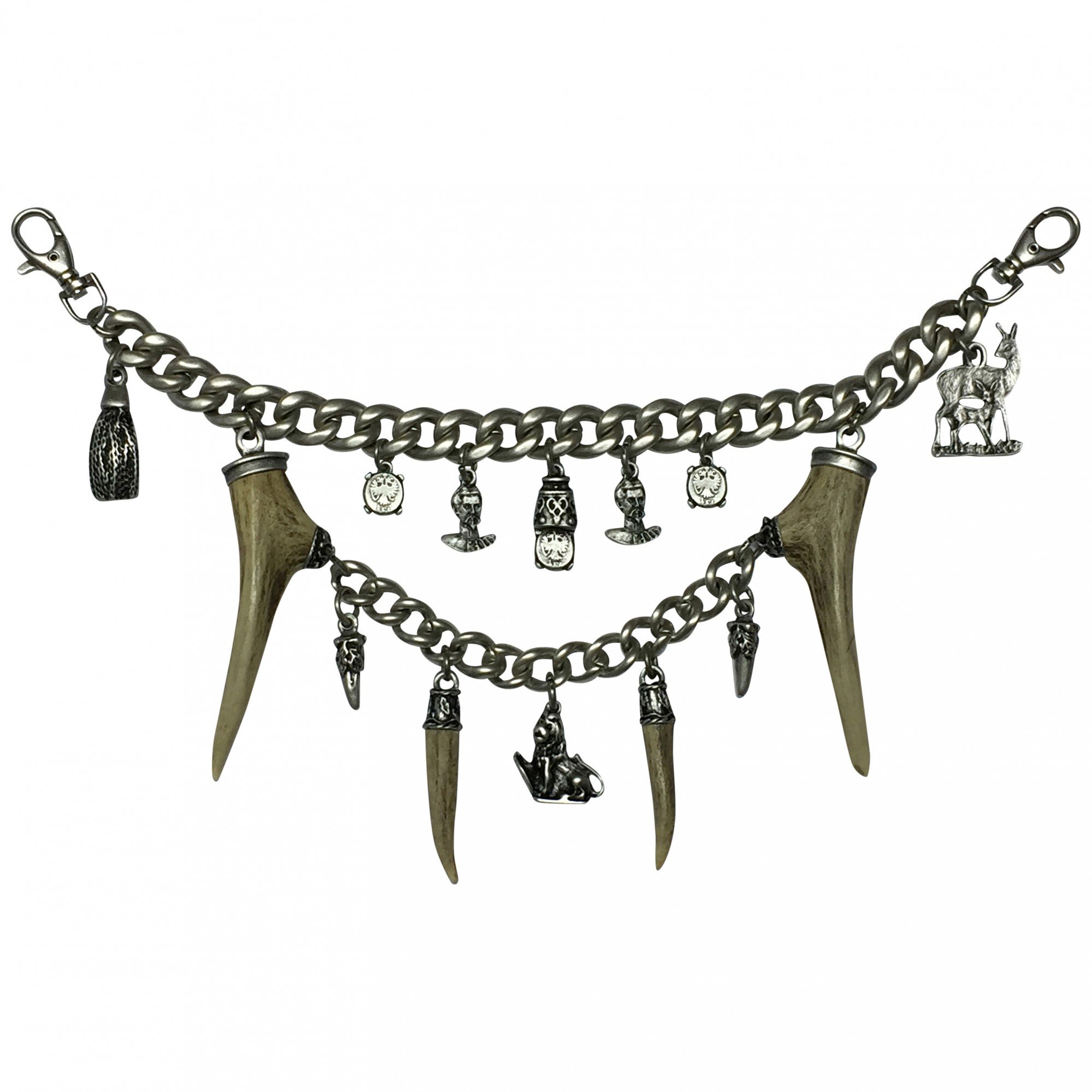 Charivari echt versilbert Kette zweireihig Tracht Hirschhorn Hirsch Reh Horn Trachtenkette für Lederhose hochwertige Qualität Unikat Herren Damen Handarbeit Made in Austria