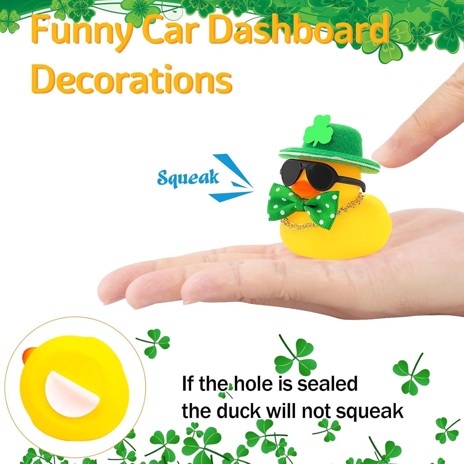 wonuu St. Patrick's Day Car Decorations Rubber Duck, Dashboard Green Shamrocks Hat Ducky for Car Ornament Accessories Ducks with Glasses, Chain (Black Band-No Bow Tie)