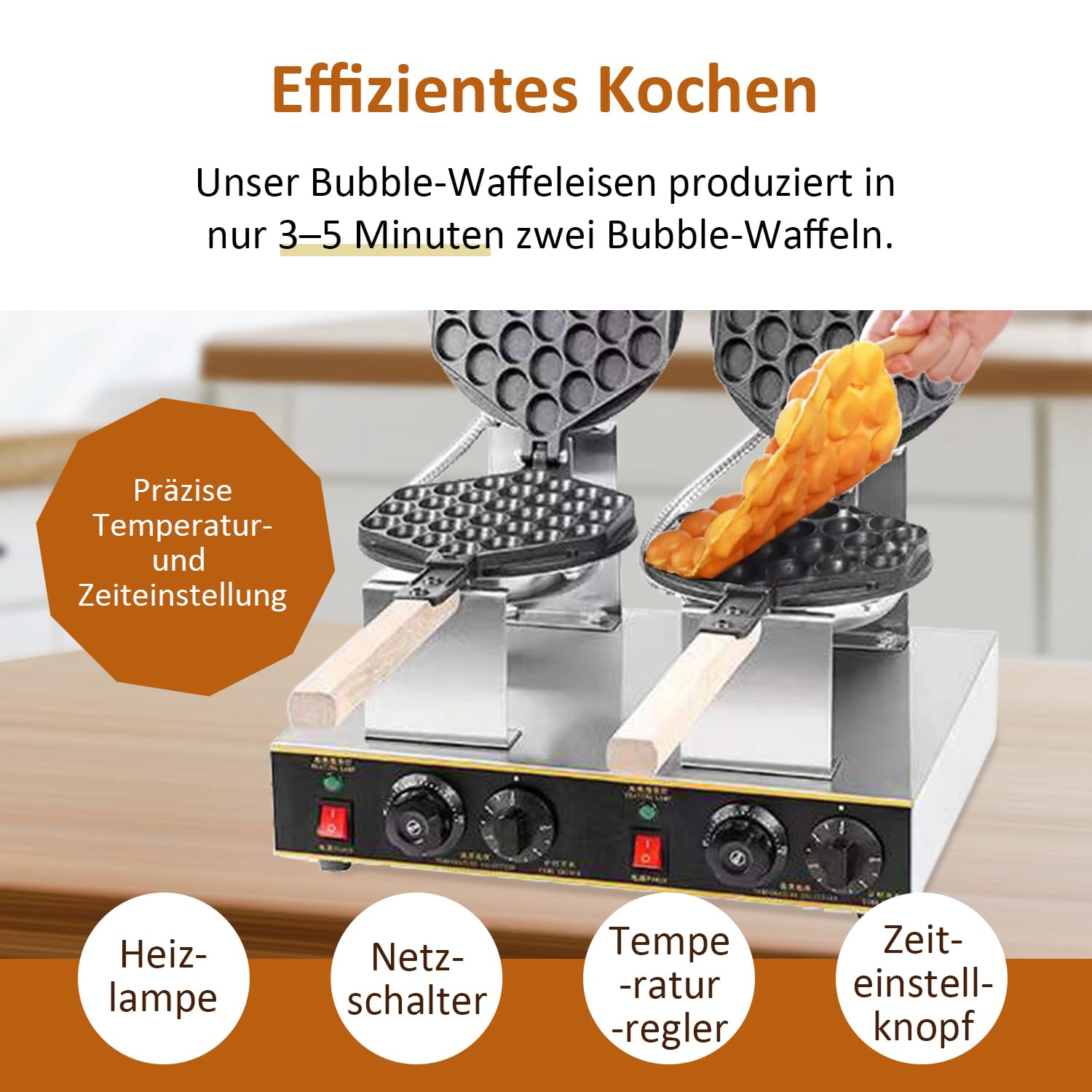 Kurflo kommerzielles Bubble Waffeleisen mit Doppelkopf, 180° drehbar, 1400W, Waffelplatten, Waffel Maker, mit Antihaftbeschichtung & Timer, für Cafe/Dessert-Shop/Restaurant, 50-250 °C