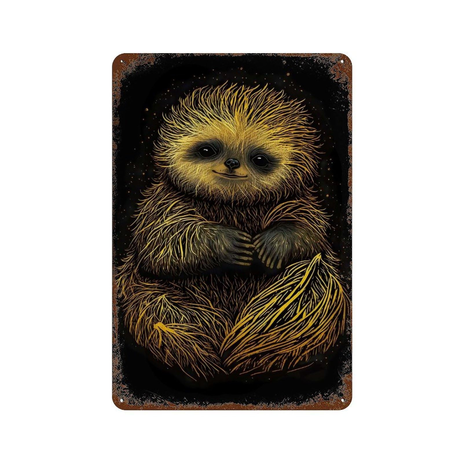 Sloth Black Gold Poster Distressed Metal Wall Sign 11.8"x7.9", Rustic Home Decor for Living Room, Hallway And Home Decor