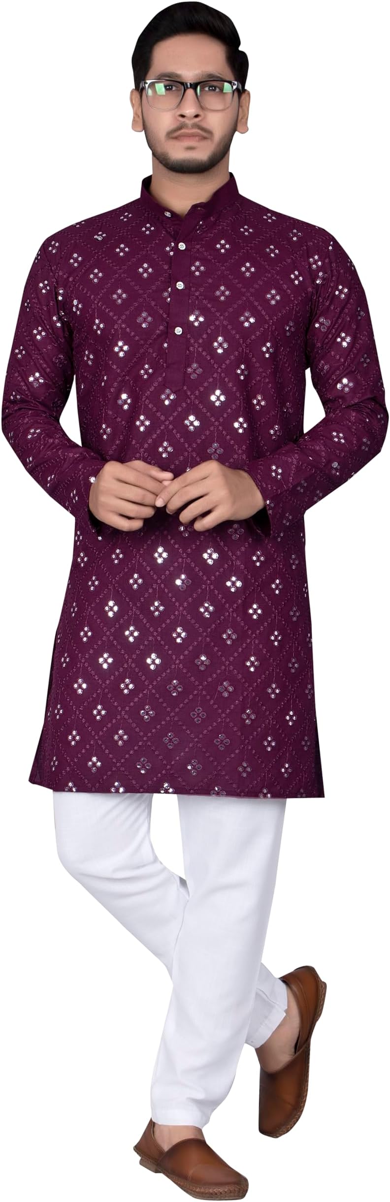 XEPONMen's Traditional Cotton Straight Casual Kurta with Mirror Work Lucknowi Chikan Embroidery Knee Length Mandarin Collar for Festive Party Ethnic Wear