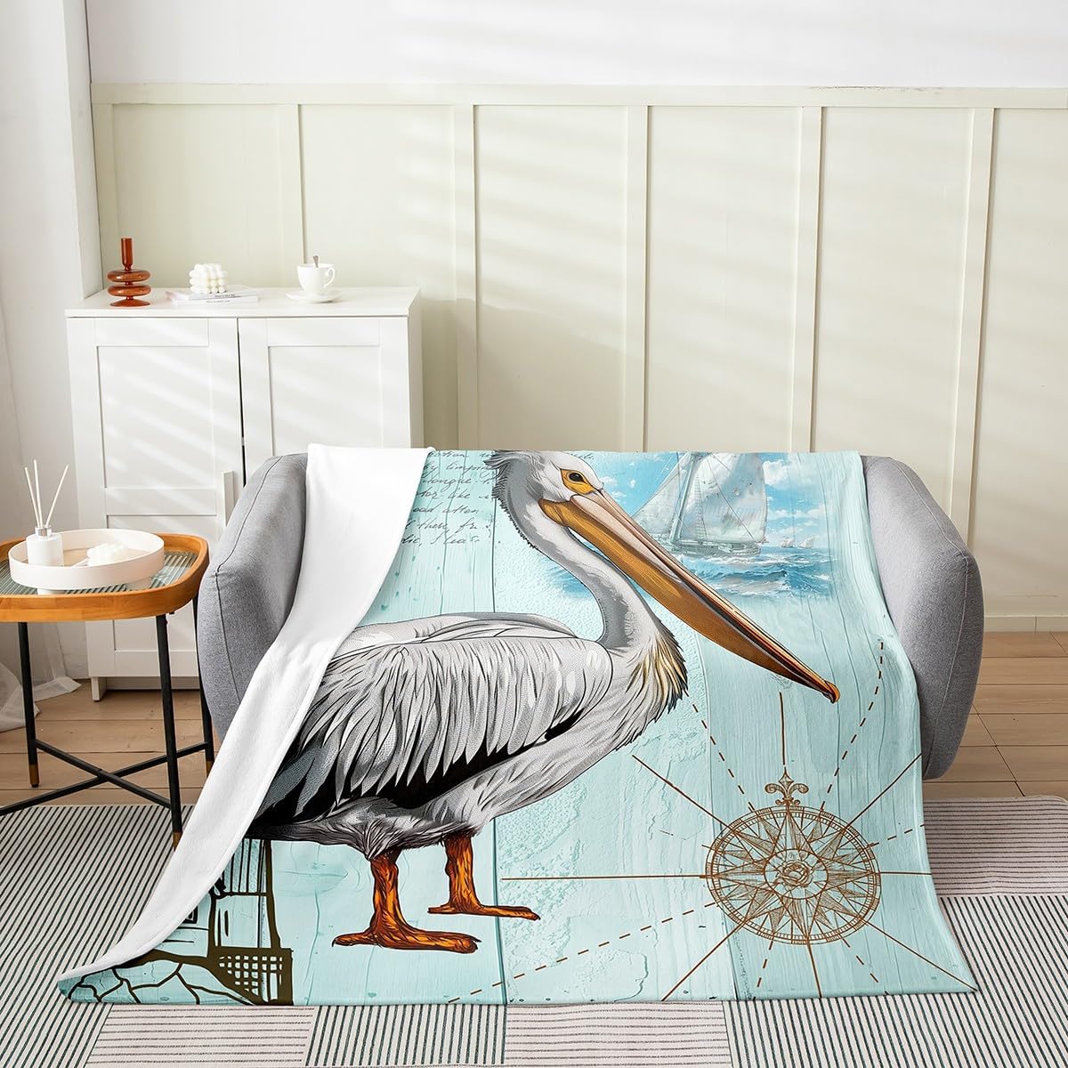 Homewish Cute Pelican Throw Blanket Nautical Themed Watercolor Sailship Lighthouse Fleece Blanket for Kids Teens Adults Cartoon Bird Wild Animal Flannel Blanket for Sofa Chairs Throw 50x60
