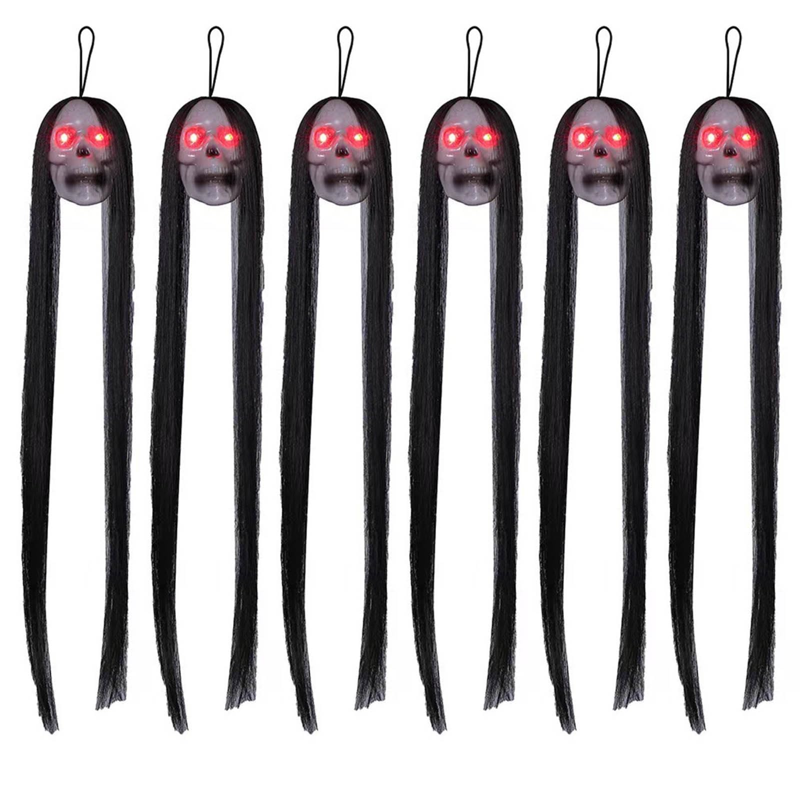PANGBOER Halloween Hanging Skull Scary Props Flashing Eyes Long Hair Skull Props Hanging Decors Theme Party Festival Decors