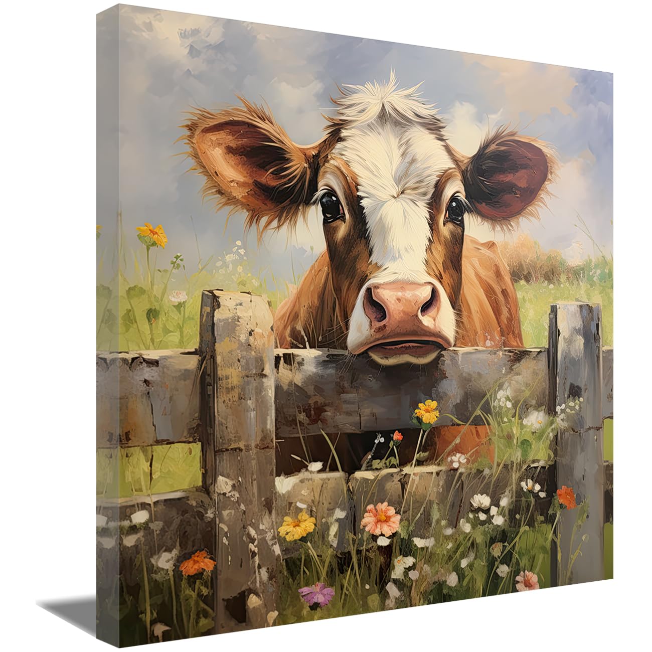 LMYSXAOZ Highland Cattle Canvas Wall Art Rustic Farm Fluffy Paintings Cute Calf Poster Country Animals Picture for Nursery Decor (Cow-D,20.00" x 20.00")