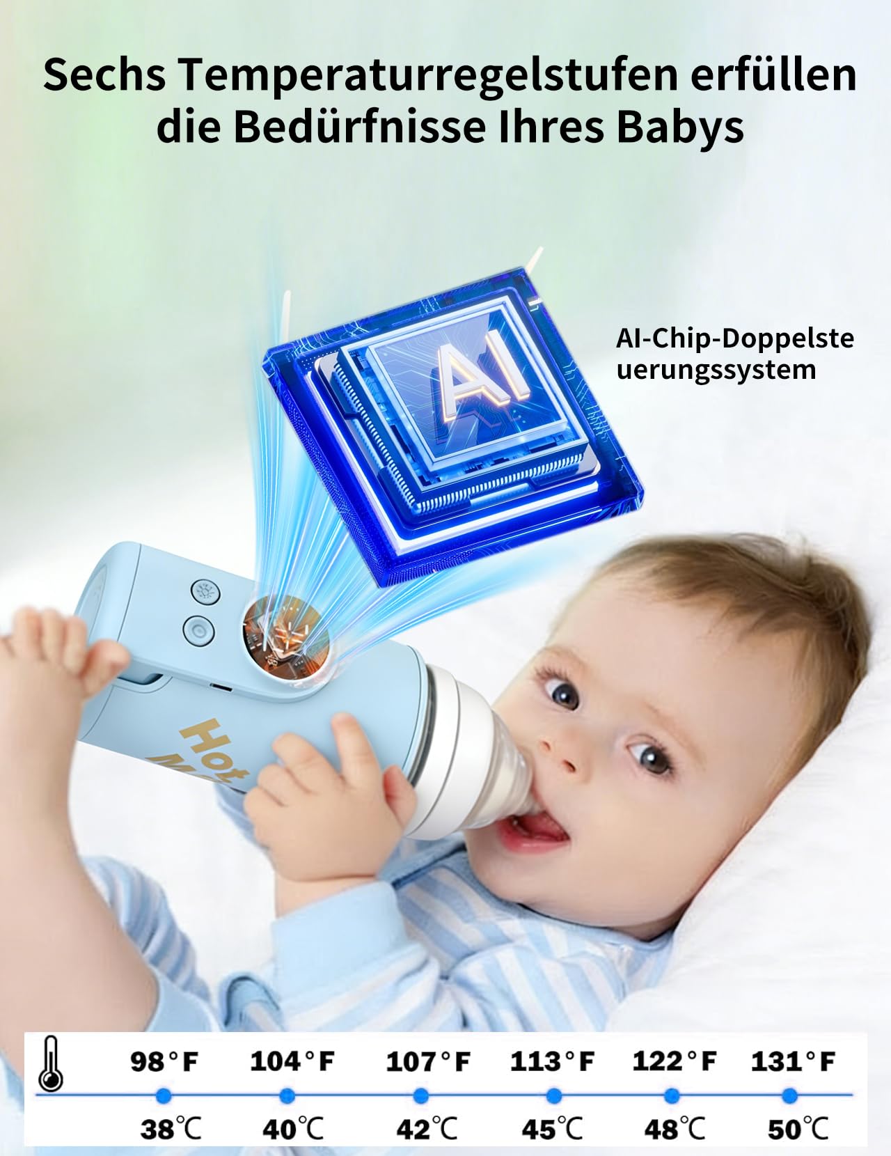 Flaschenwärmer Baby, Babyflaschenwärmer mit 8000mAh Akku, 6 Temperaturstufen 38-50℃, LED-Anzeige & Nachtlicht, Tragbarer Flaschenwärmer Baby USB-Ladefunktion für Unterwegs und Zuhause(Blau)