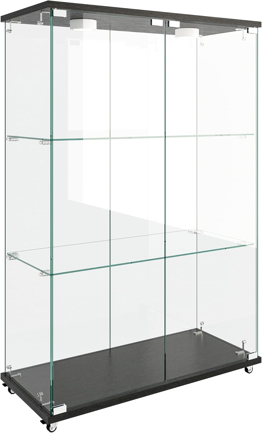 Modern 2-Door 3-Shelf Glass Display Cabinet with LED Lights Tempered Glass Bookshelf Suitable for Living Room and Bedrooms, Transparent+Black (Black)