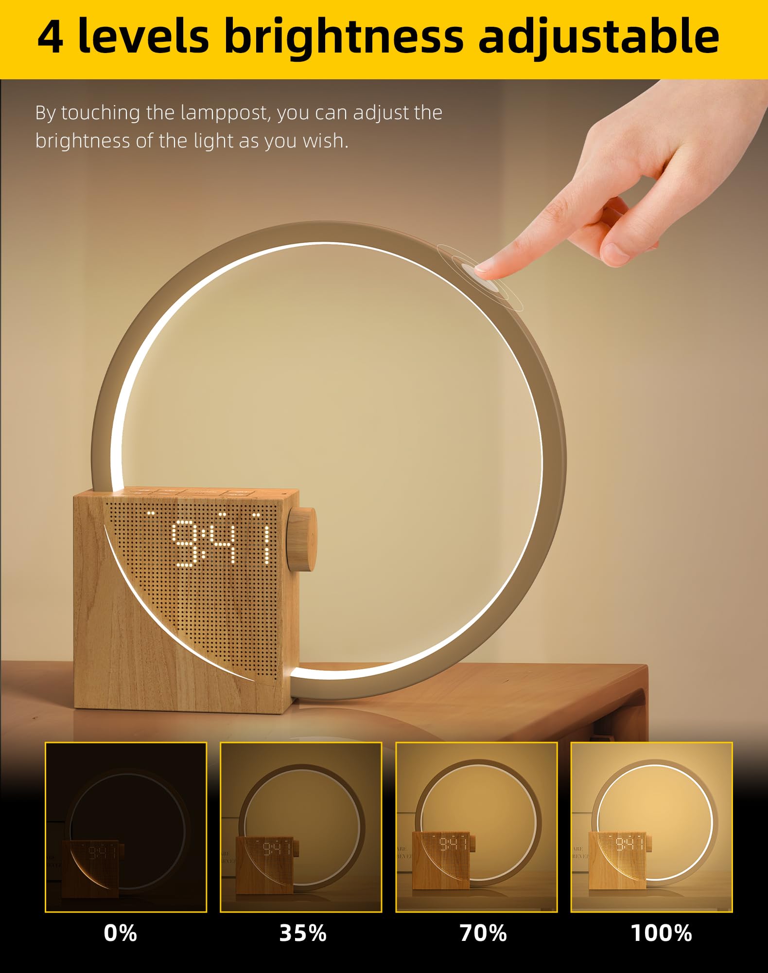 Lampe de Chevet LED avec Réveil, Wake up Light, USB, 3 Modes d'Éclairage, 10 Sons Naturels, Bois