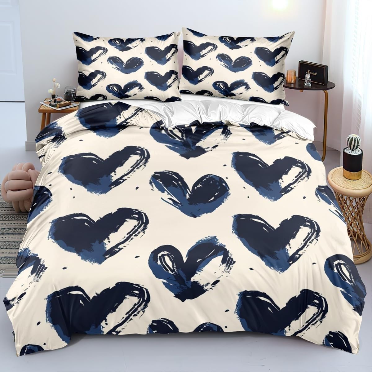 Parure de lit housse de couette 220x240 grand lit imprimé coeur avec taie d'oreiller 50x75