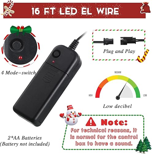 Vista 3 de Meonum Paquete de 6 luces LED de alambre EL de neón de 16 pies, luces LED de 360 para bricolaje, cuerda brillante, funciona