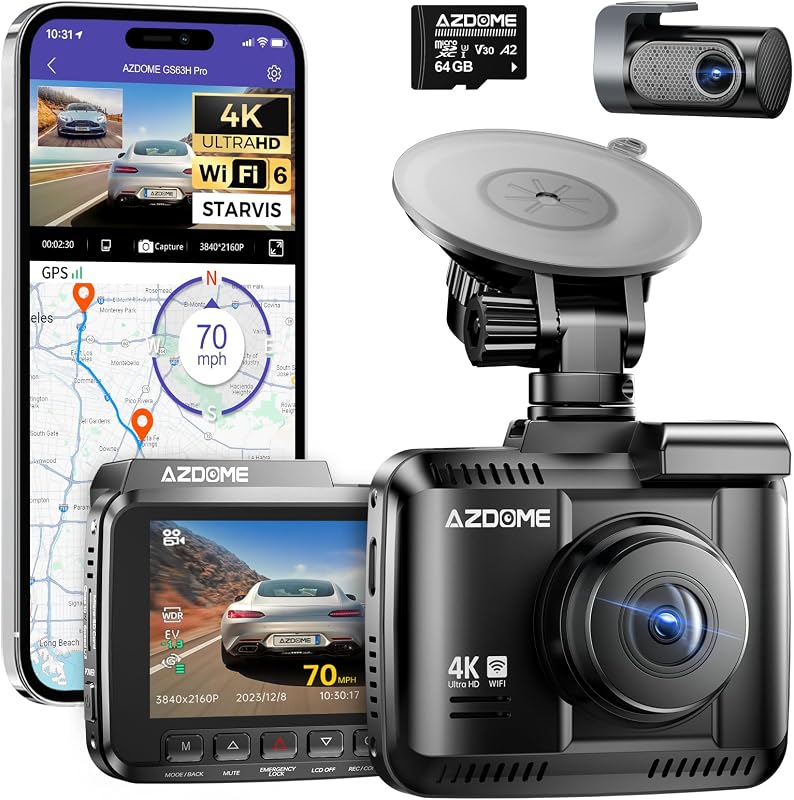 AZDOME GS63H Pro 4K/2.5K Autós Menetrögzítő Kamera GPS-szel és WiFi-vel, Első-Hátsó Kamerával, 64GB SD Kártyával, Éjjellátó Funkcióval, 170°